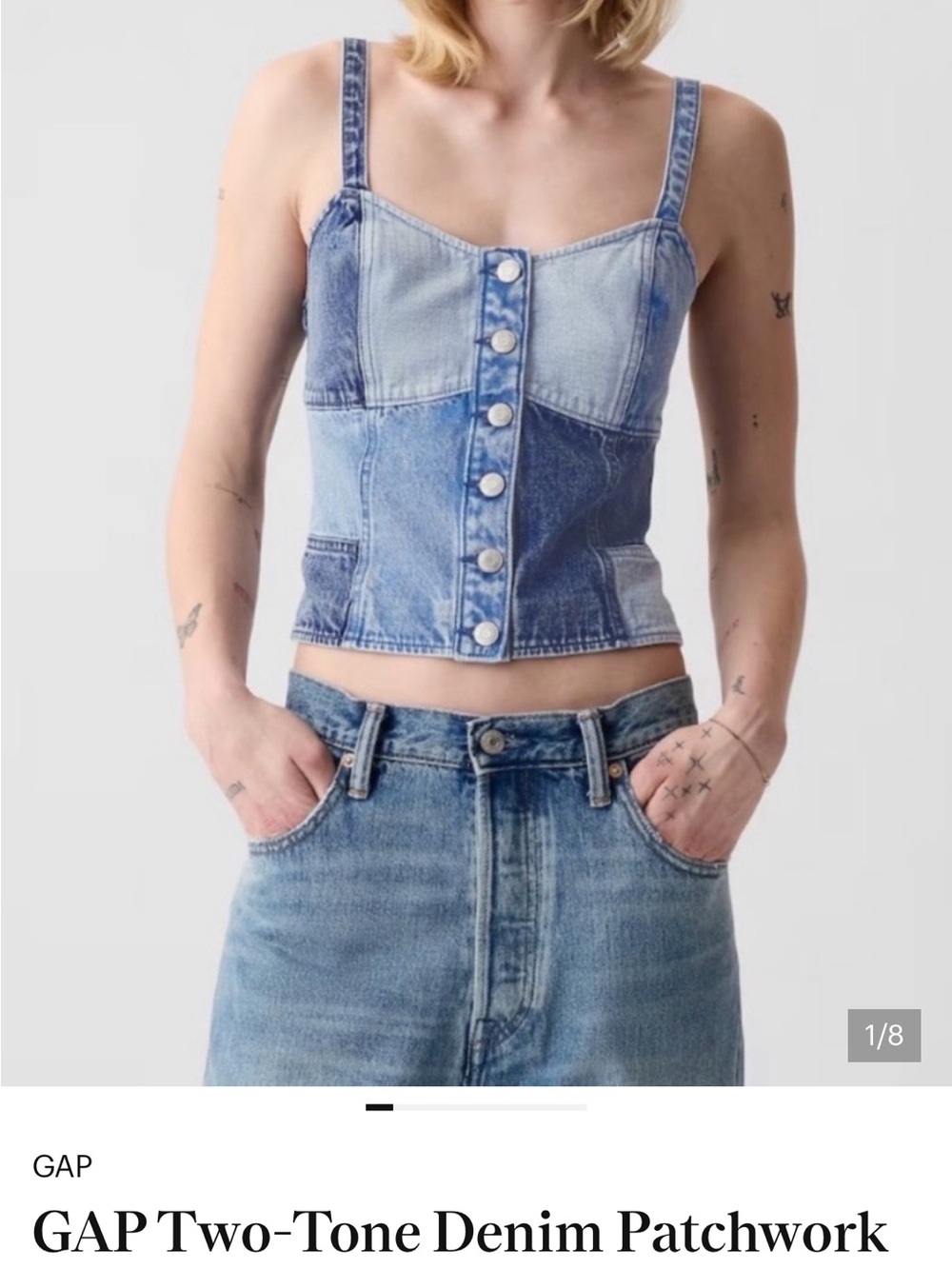 Gap Patchwork Denim Corset Top Size M Two Tone Button Front Blue